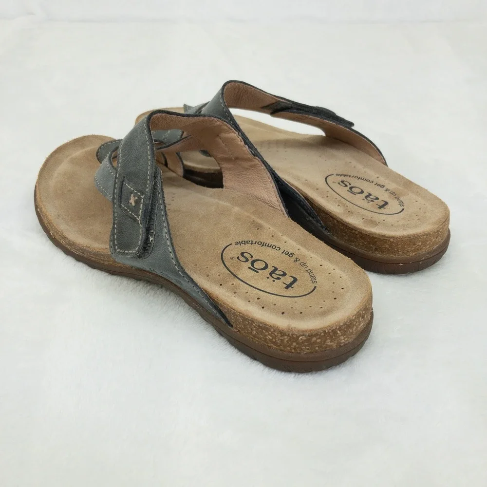 Taos Perfect Sandals Womens 7 Gray Leather Strappy Adjustable Comfort Thong